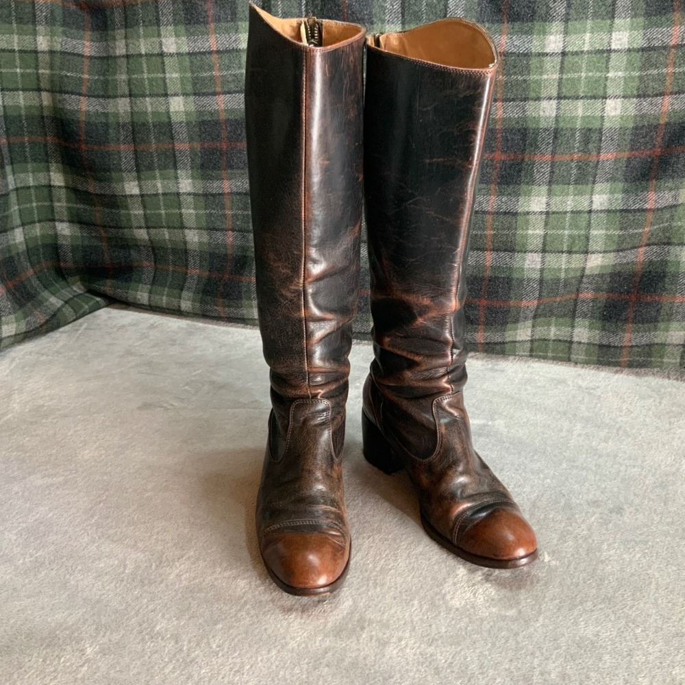 Frye VTG Made in Italy Brown Distressed Leather Tall Riding Boots Womens Size 10